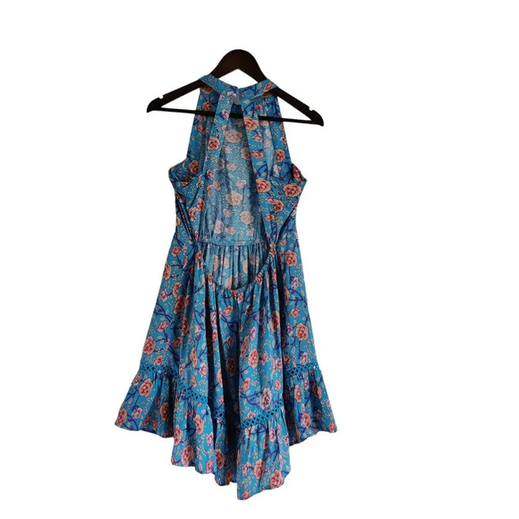 Sunday Mi Amor Floral Halter Neck Sleeveless Mini Dress Blue Tiered Size M Swing - Picture 5 of 11